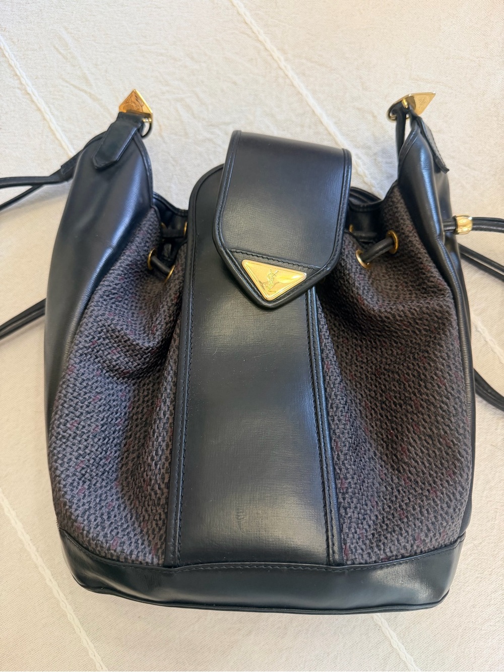 Yves Saint Laurent Black Leather and Tweed Shoulder bucket Drawstring Bag